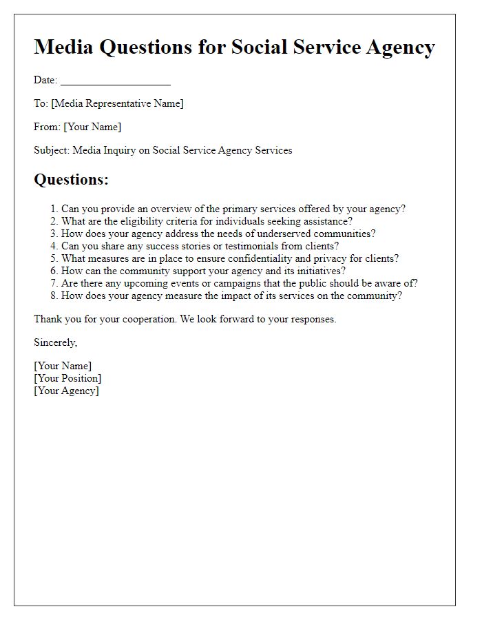 Letter template of media questions for social service agency services