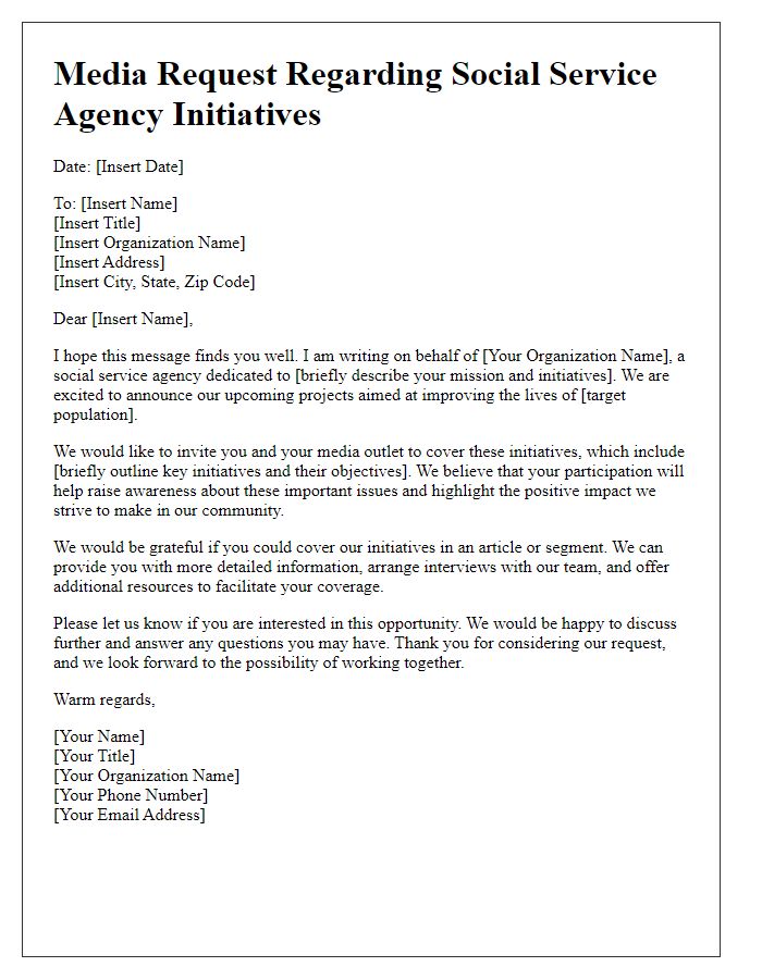 Letter template of media request regarding social service agency initiatives