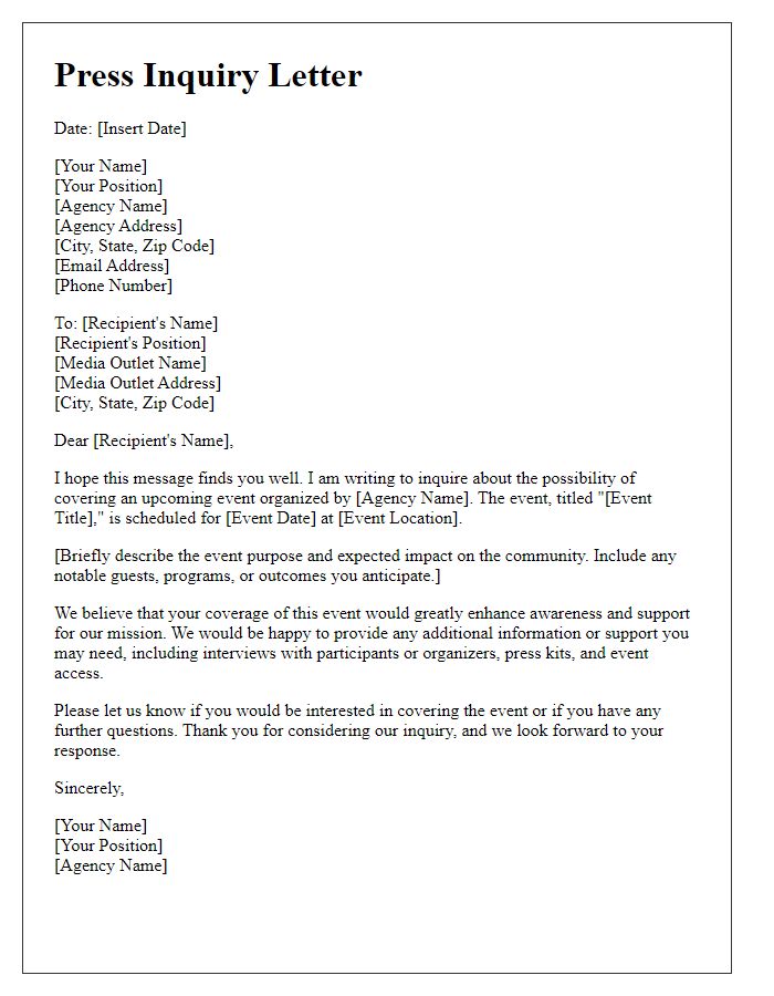 Letter template of press inquiry for social service agency events