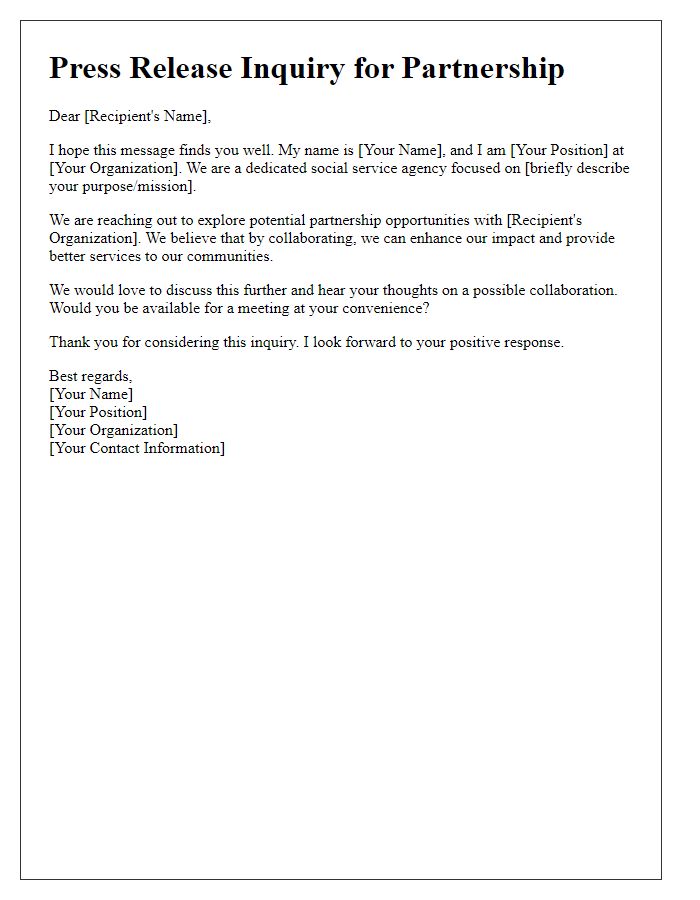 Letter template of press release inquiry for social service agency partnerships