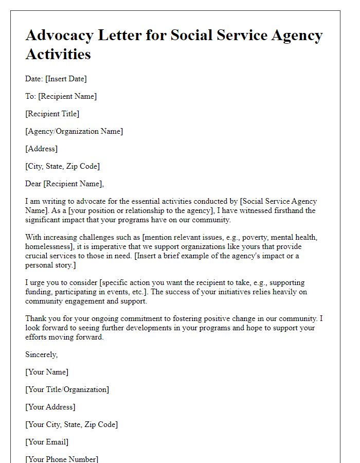 Letter template of advocacy for social service agency activities