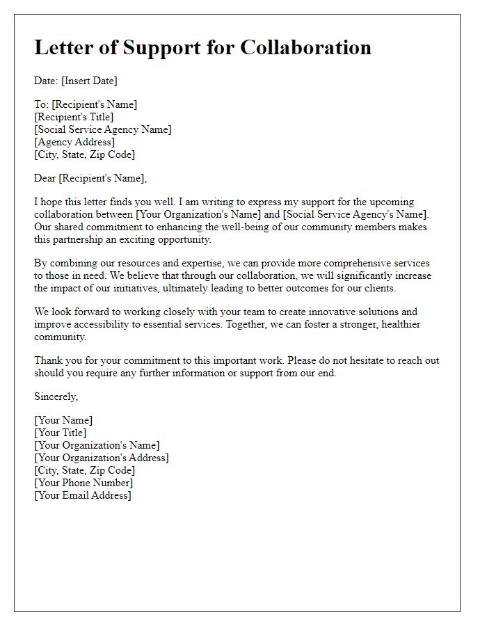 Letter template of backing for social service agency collaboration