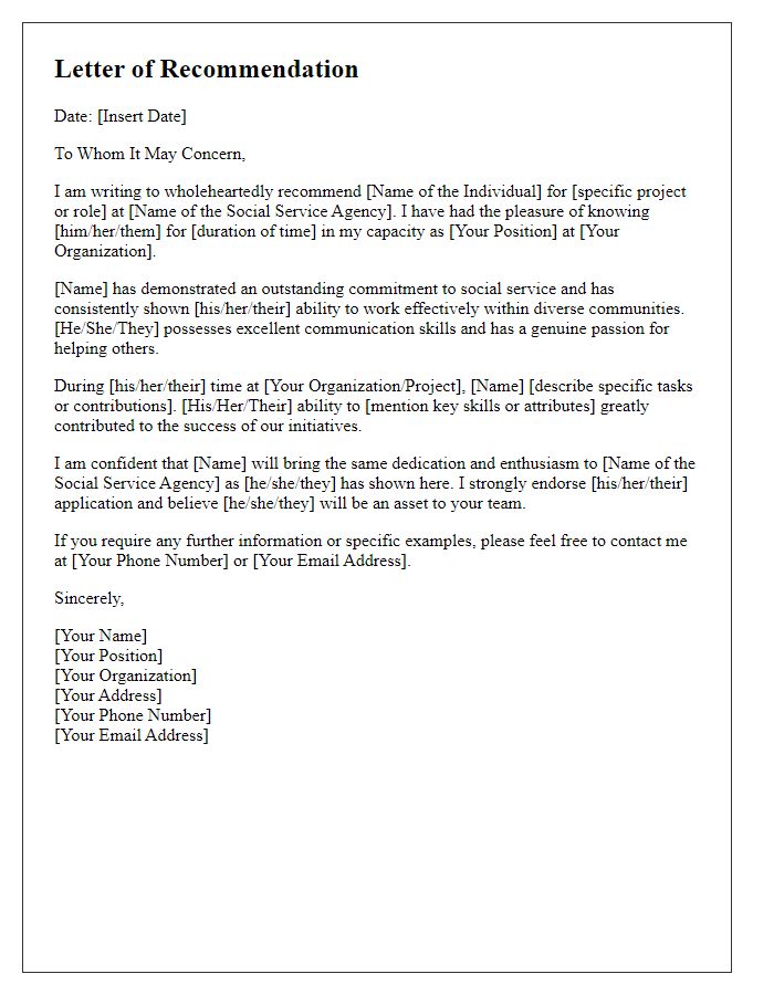 Letter template of recommendation for social service agency project