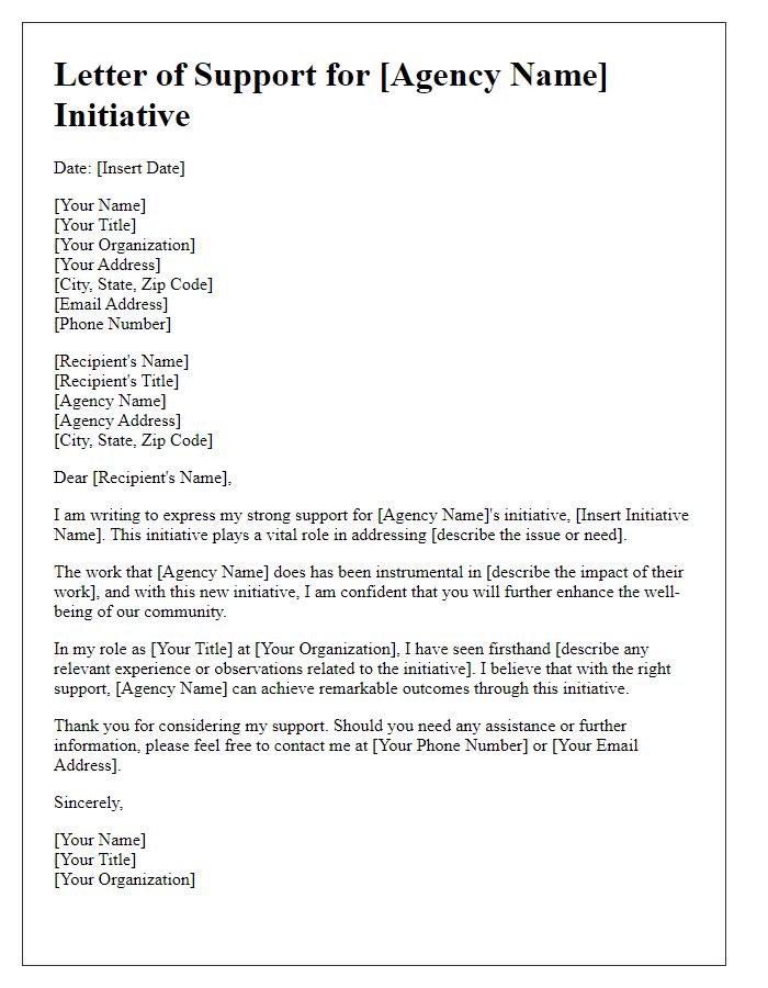 Letter template of support for social service agency initiative