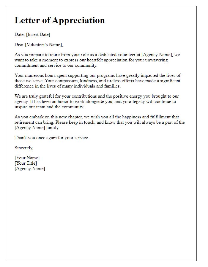 Letter template of appreciation for retiring social service agency volunteer