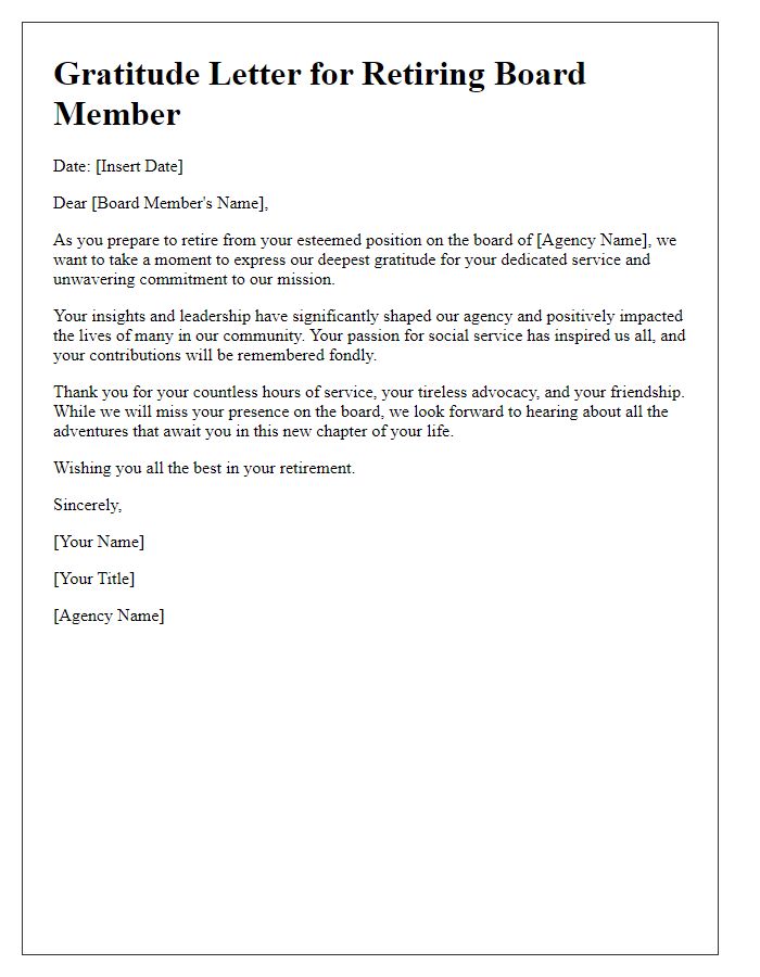 Letter template of gratitude message for retiring social service agency board member