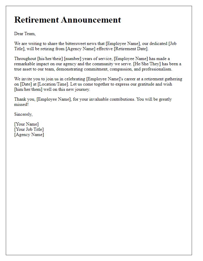 Letter template of retirement announcement for social service agency staff member