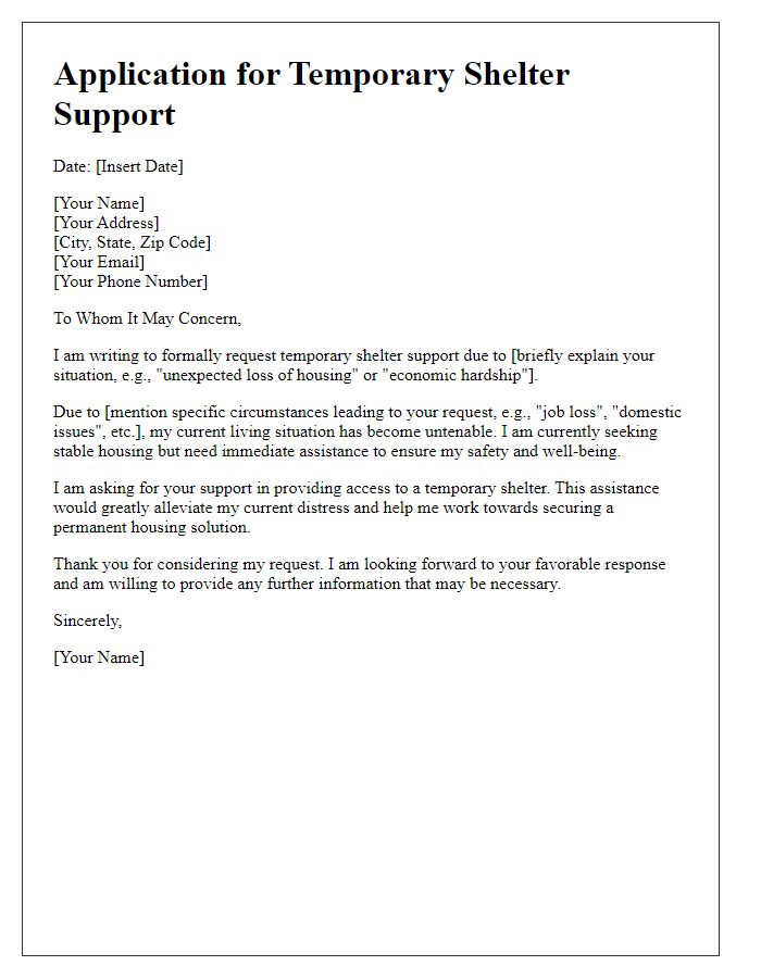 Letter template of application for temporary shelter support