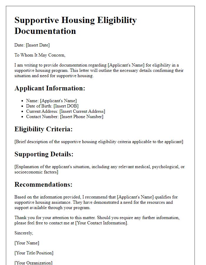 Letter template of documentation for supportive housing eligibility