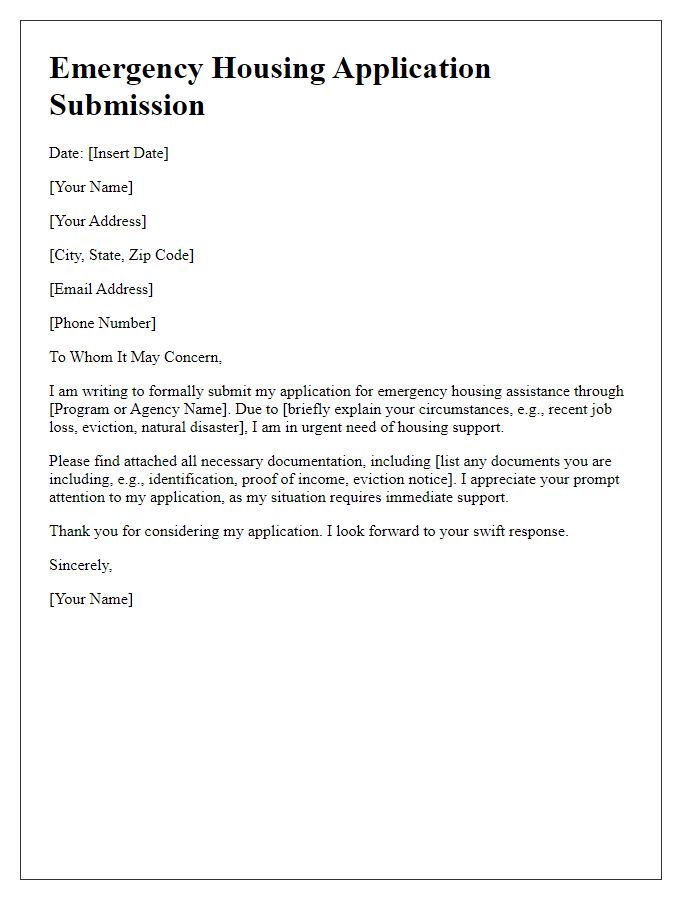 Letter template of submission for emergency housing application