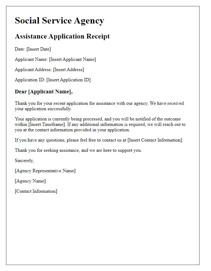 Letter template of social service agency assistance application receipt