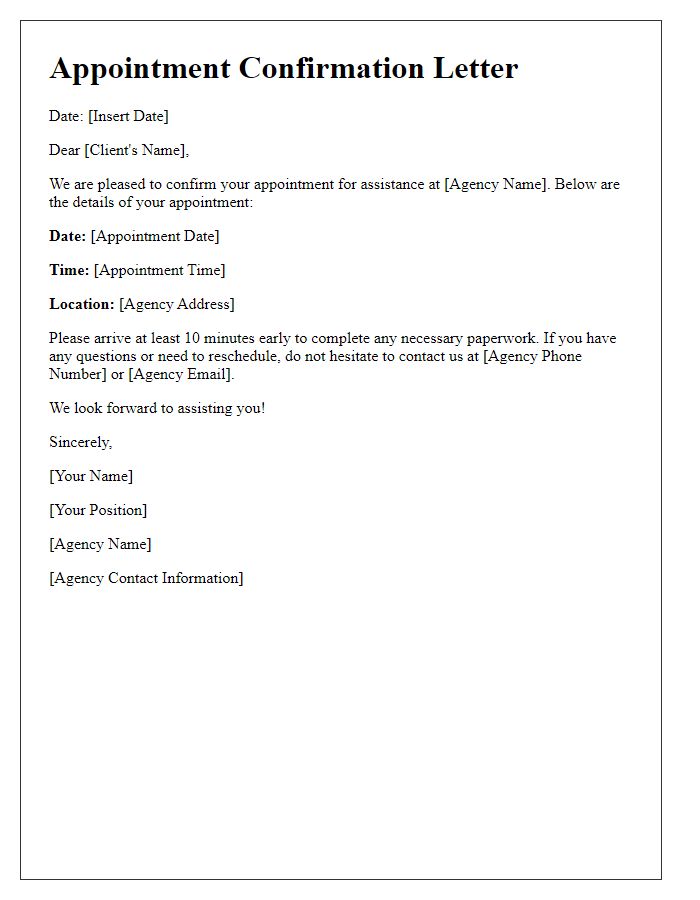 Letter template of social service agency assistance appointment confirmation