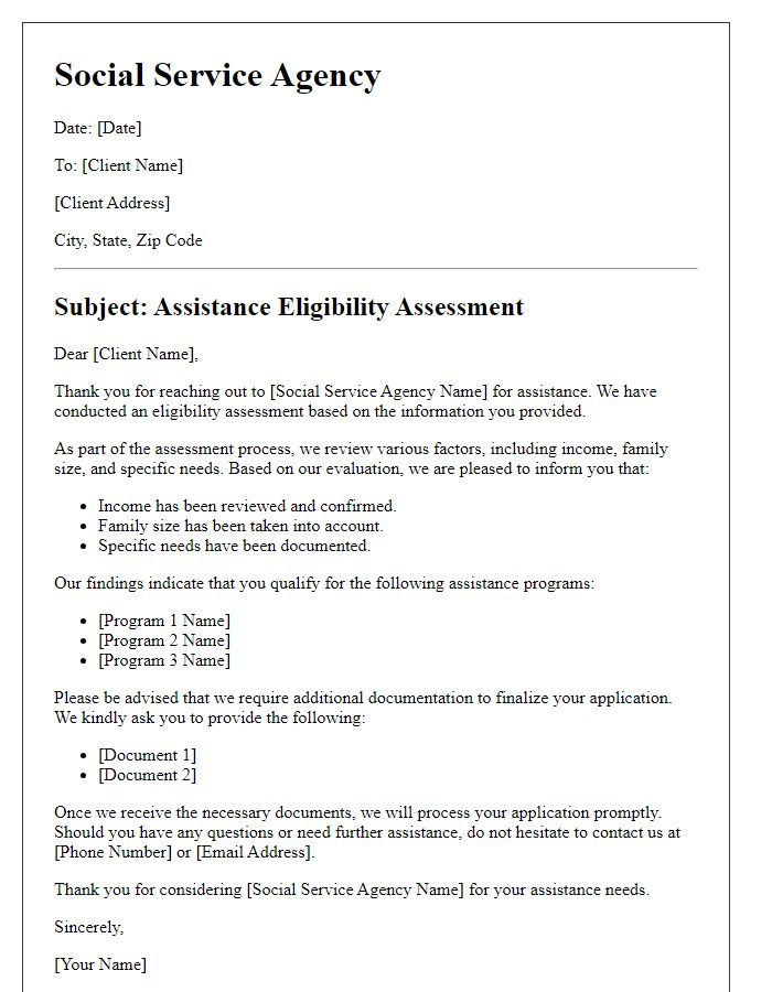 Letter template of social service agency assistance eligibility assessment