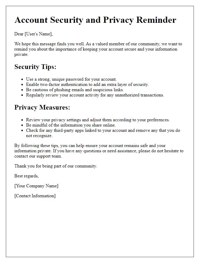 Letter template of account security and privacy reminder