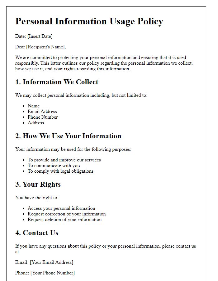 Letter template of personal information usage policy