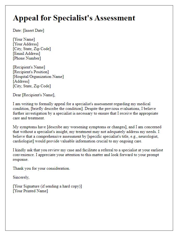 Letter template of appeal for a specialist's assessment