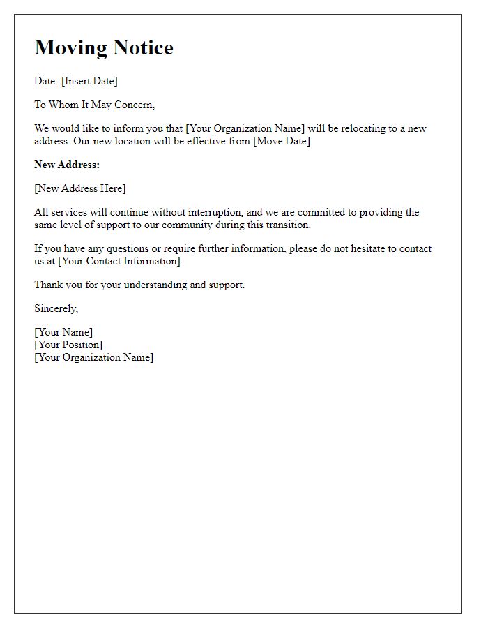 Letter template of moving notice for social service organization