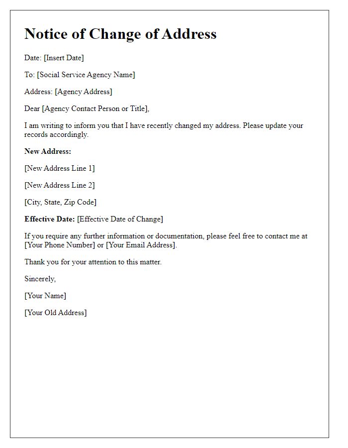 Letter template of notice for change of address for social service agency