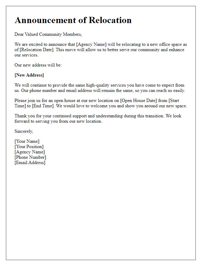 Letter template of social service agency relocation announcement