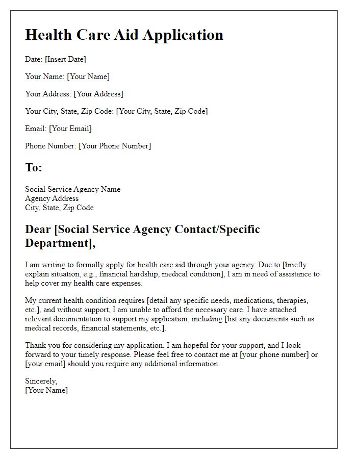 Letter template of health care aid application to social service agency