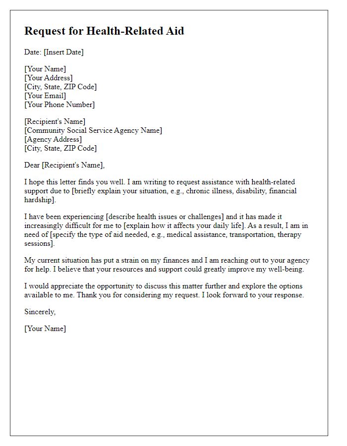 Letter template of health-related aid request to community social service agency