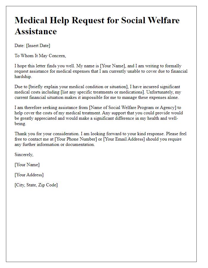 Letter template of medical help request for social welfare assistance