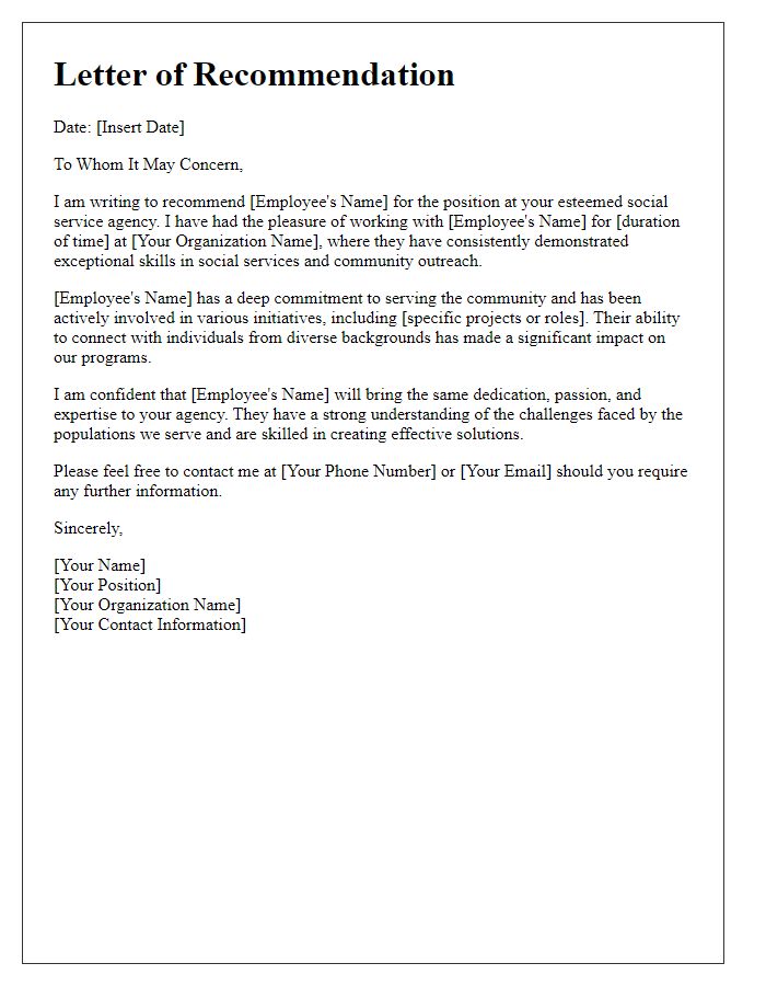 Letter template of recommendation for social service agency job transition