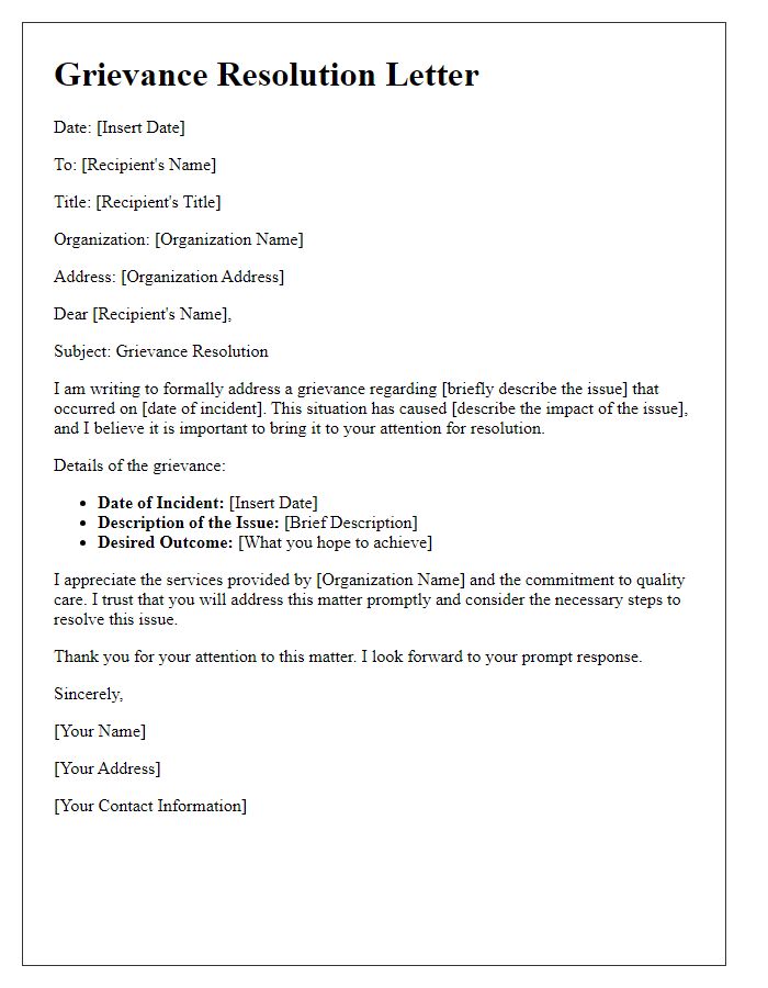 Letter template of grievance resolution for social service providers