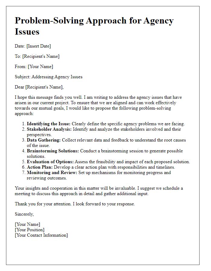 Letter template of problem-solving approach for agency issues