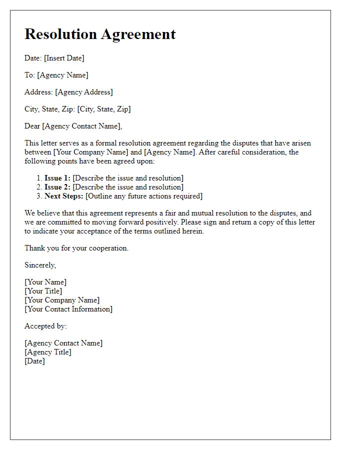 Letter template of resolution agreement for agency disputes