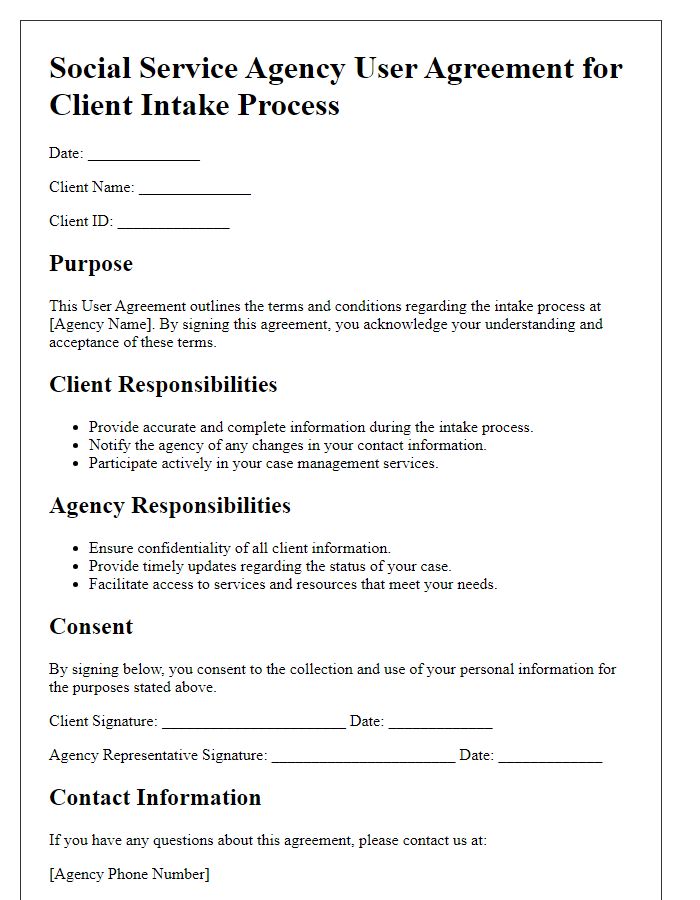 Letter template of Social Service Agency User Agreement for Client Intake Process