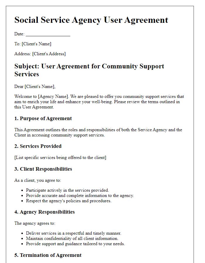 Letter template of Social Service Agency User Agreement for Community Support Services