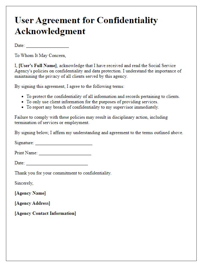 Letter template of Social Service Agency User Agreement for Confidentiality Acknowledgment