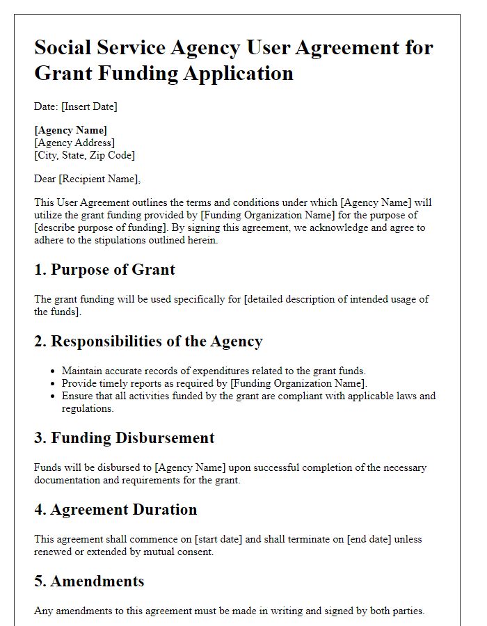 Letter template of Social Service Agency User Agreement for Grant Funding Application