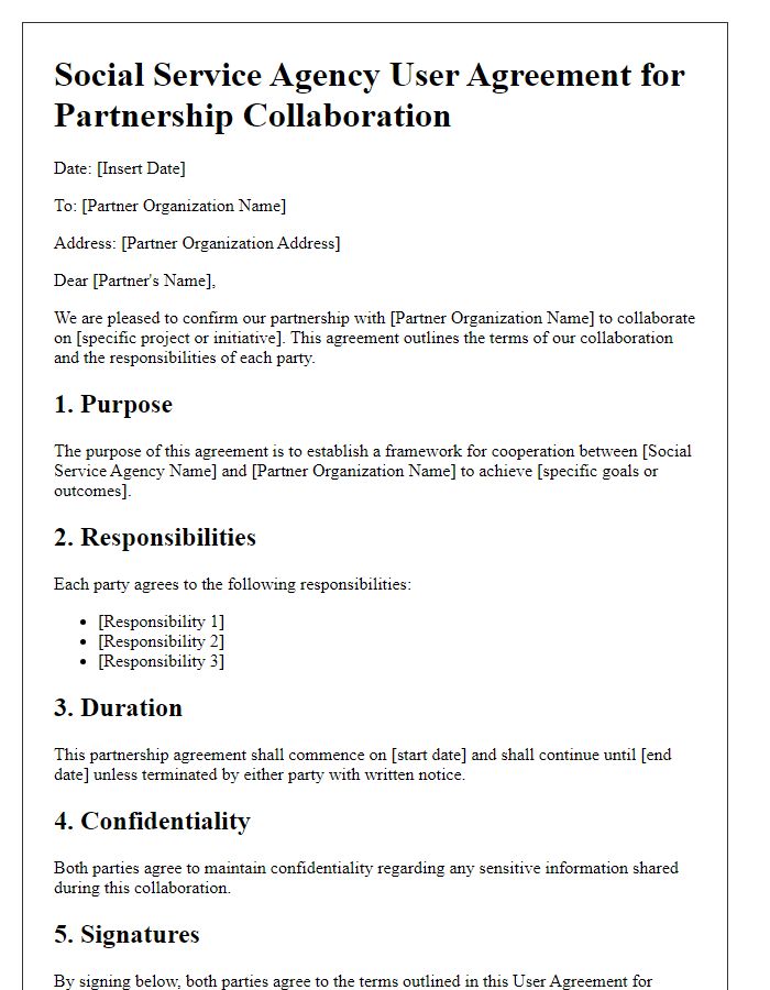 Letter template of Social Service Agency User Agreement for Partnership Collaboration