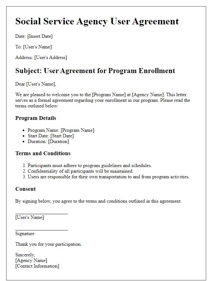 Letter template of Social Service Agency User Agreement for Program Enrollment