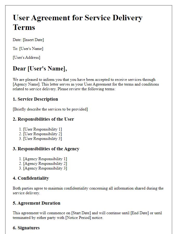 Letter template of Social Service Agency User Agreement for Service Delivery Terms