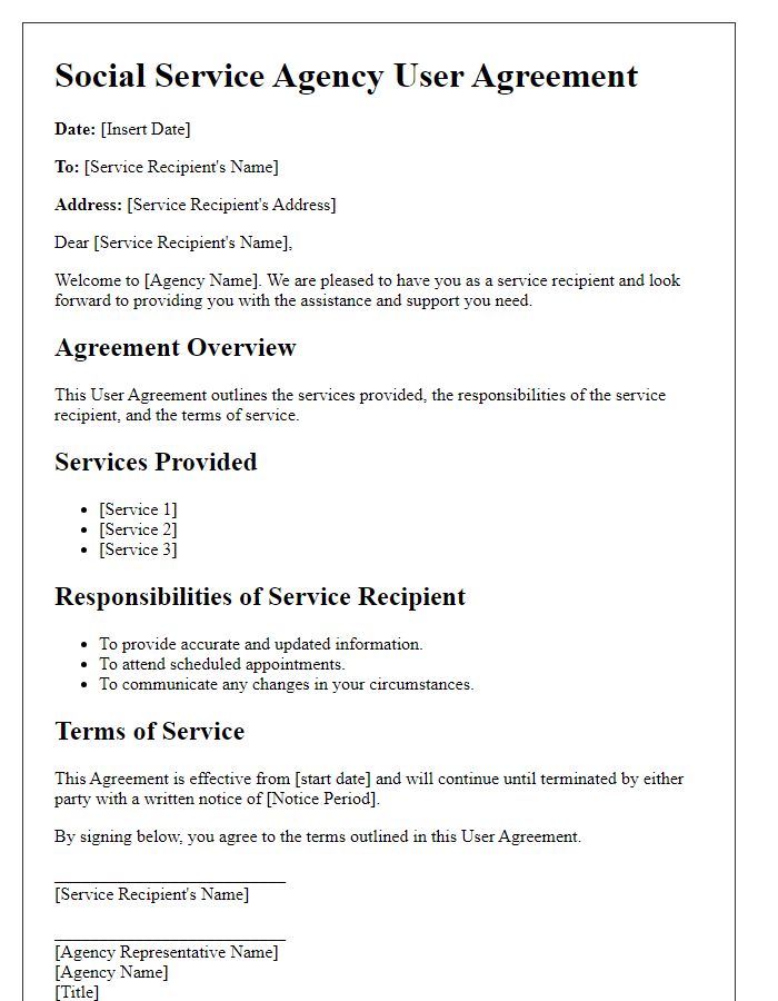 Letter template of Social Service Agency User Agreement for Service Recipients