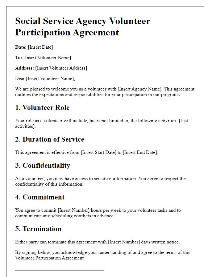 Letter template of Social Service Agency User Agreement for Volunteer Participation