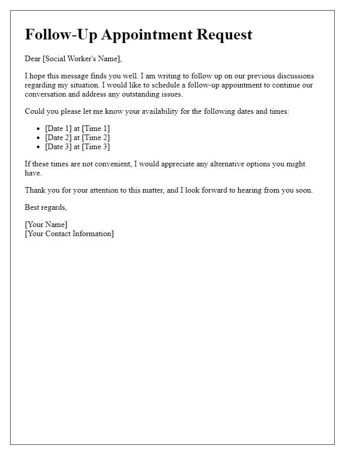 Letter template of follow-up appointment scheduling with social worker.