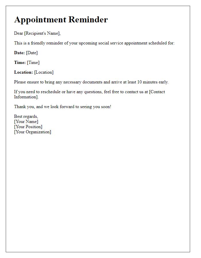 Letter template of reminder for upcoming social service appointment.