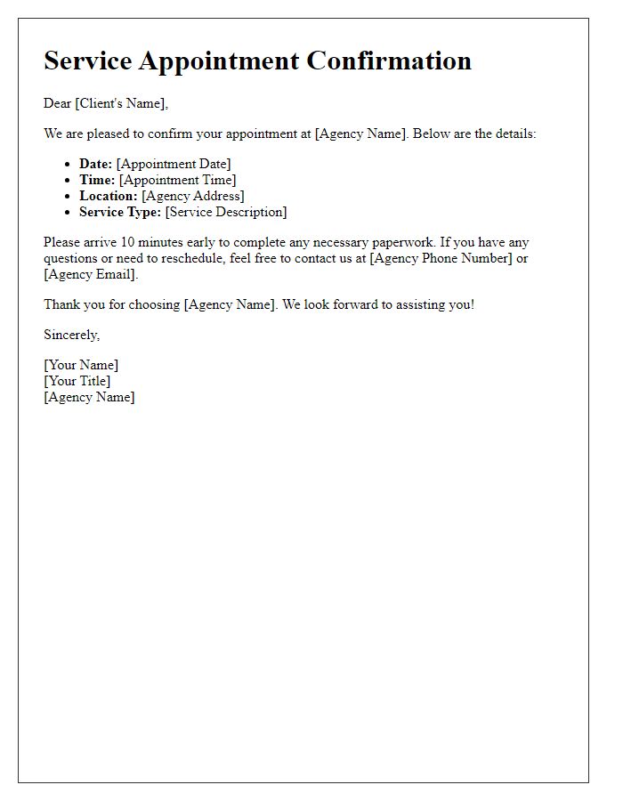 Letter template of service appointment confirmation for social agency.