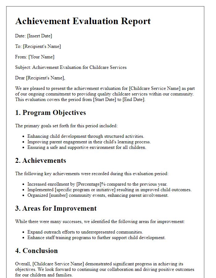 Letter template of achievement evaluation for social service agency childcare services.