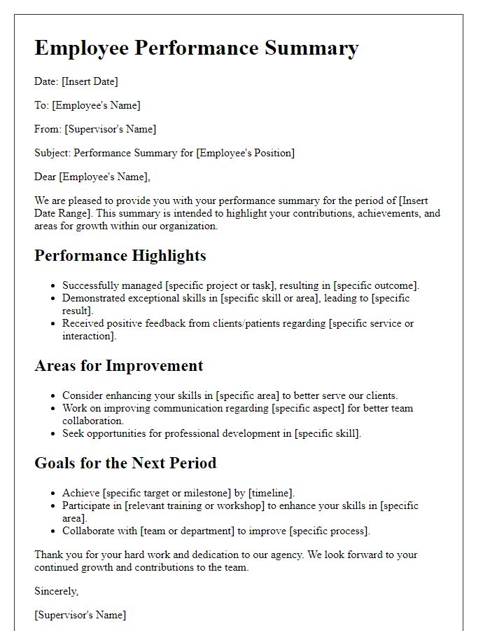 Letter template of employee performance summary for social service agency.