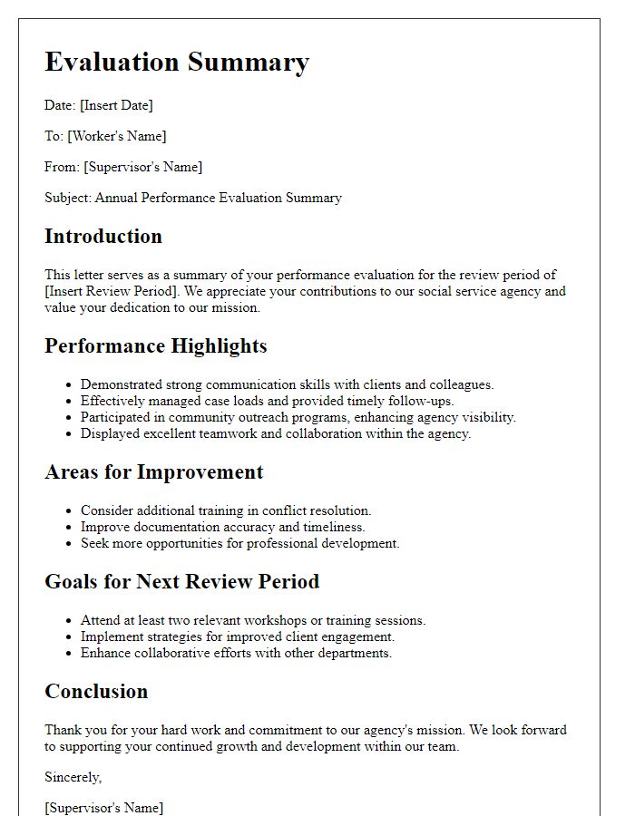 Letter template of evaluation summary for social service agency worker review.