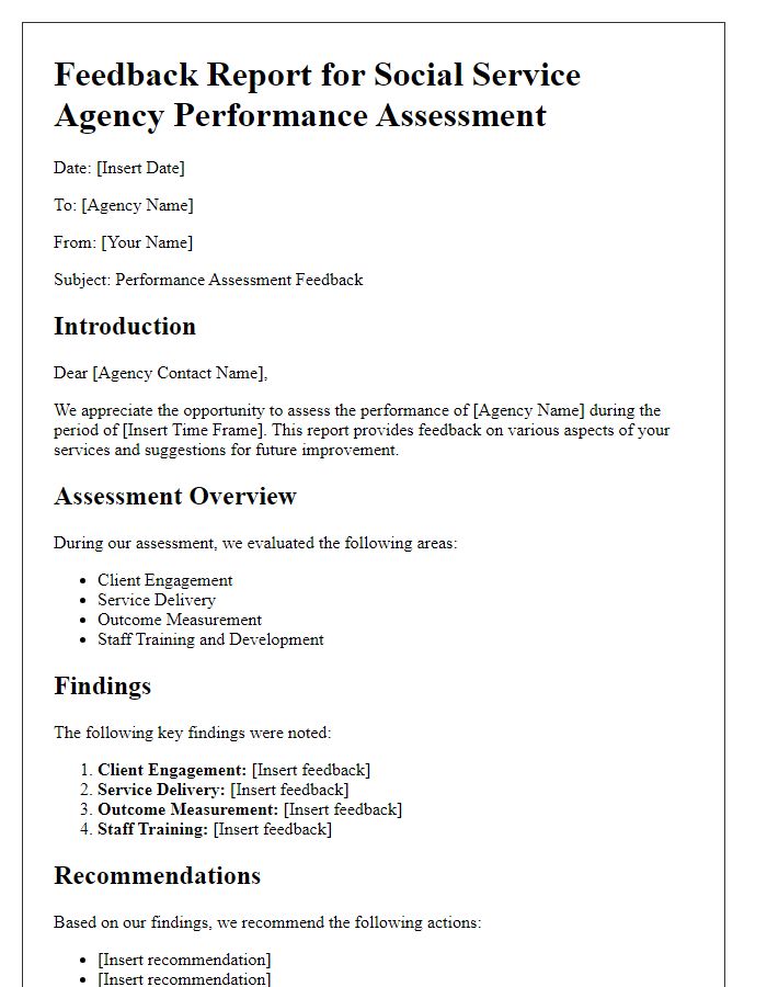 Letter template of feedback report for social service agency performance assessment.