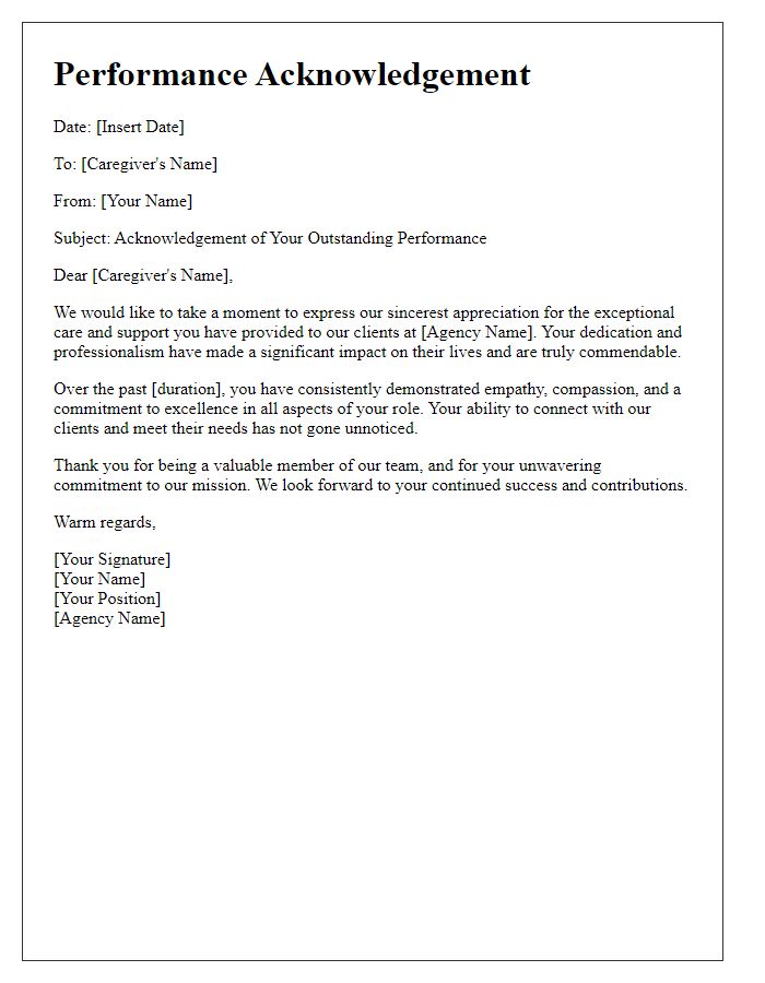 Letter template of performance acknowledgement for social service agency caregivers.