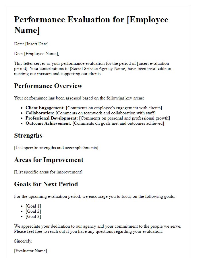 Letter template of performance evaluation for social service agency staff.