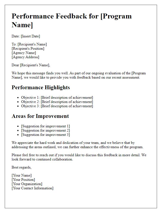 Letter template of performance feedback for social service agency program evaluation.