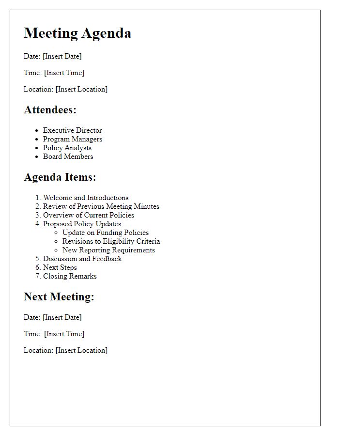 Letter template of social service agency meeting agenda about policy updates.